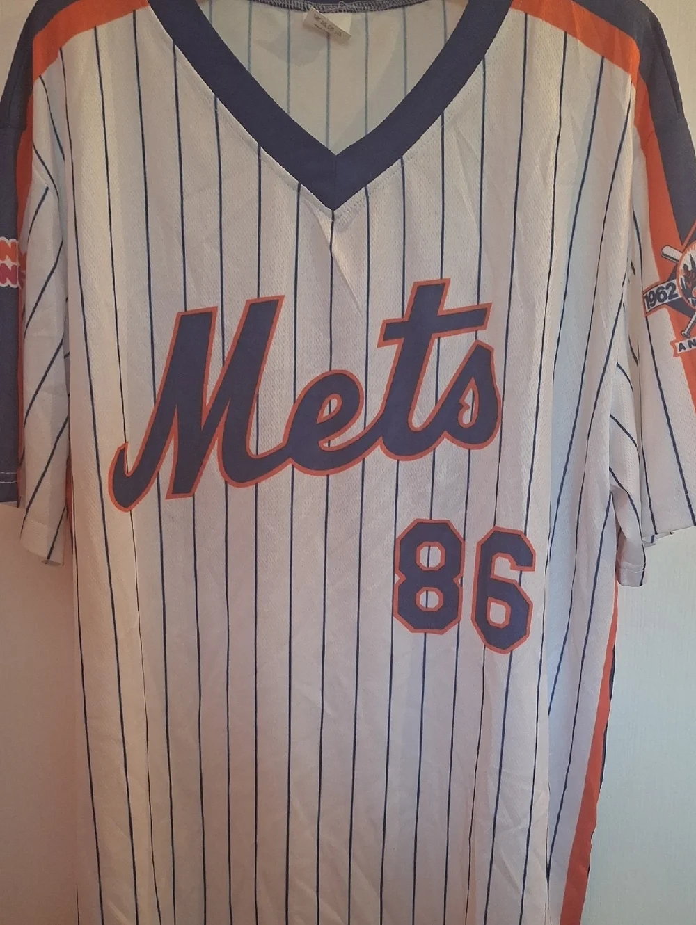 Mets 25th Anniversary Pinstripe Baseball Jersey - White, Blue & Orange - Picture 1 of 5